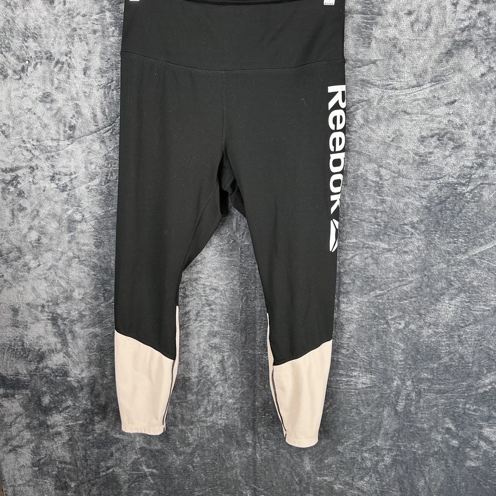 Reebok Women's Ankle Leggings Black/Beige Stretch Zipper Pocket Logo L